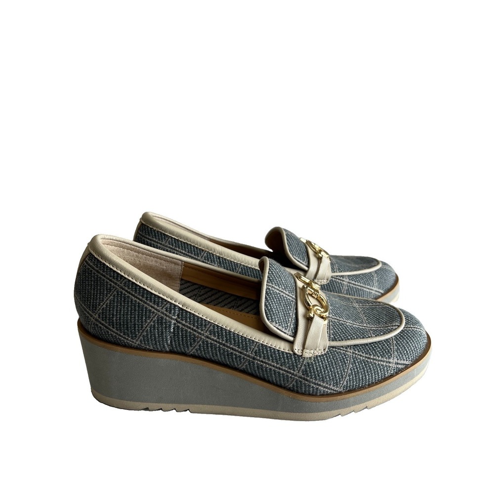 NYDJ Women Edward Suede Wedge Shoes Sz 7.5M Grey Plaid Gold Buckle Comfort